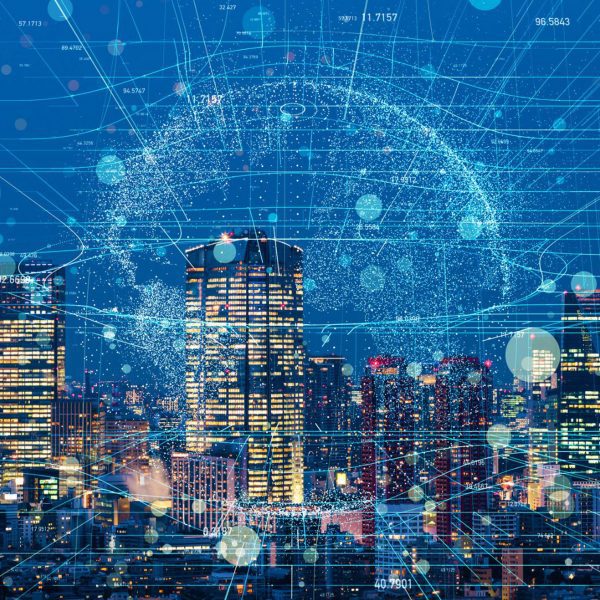 Digital graphic with London skyline