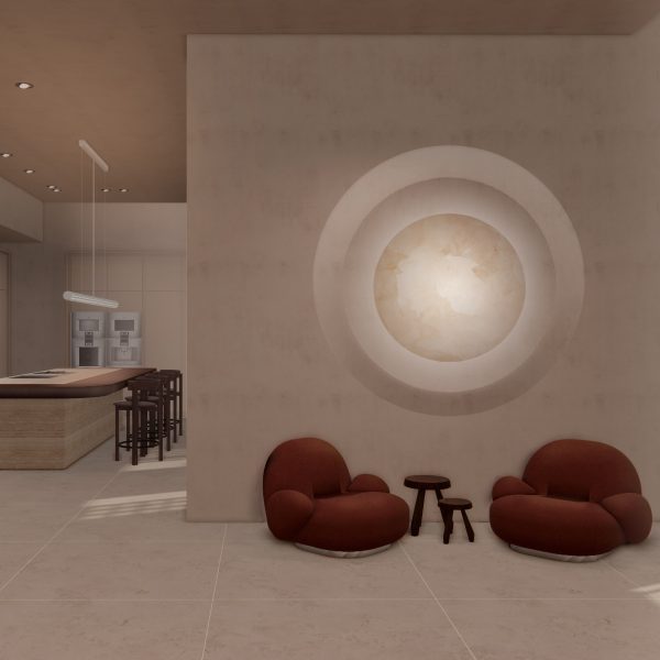 Render of a showroom with red chairs