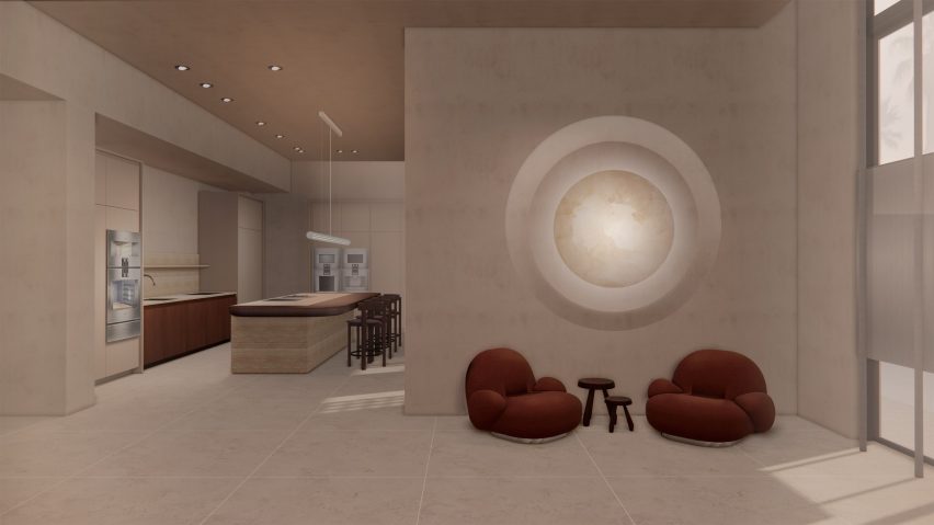 Render of a showroom with red chairs
