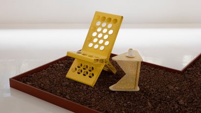 Photo of a yellow chair and side table
