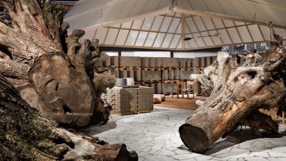 Habitare themed exhibition featuring felled trees