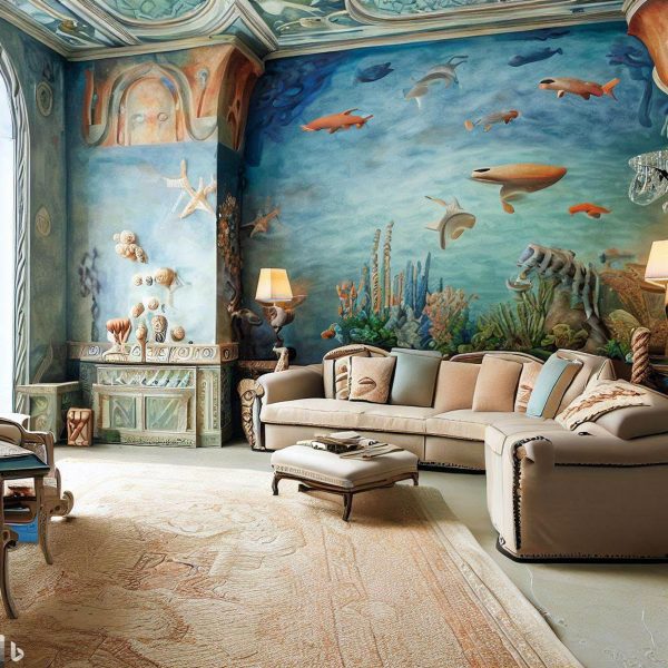 Photo of a living room with marine wallpaper