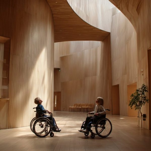 Children in wheelchairs looking up at wooden structure