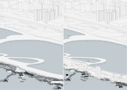 a diagram of a body of water beside a city