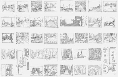 line illustrations of buildings in black and white
