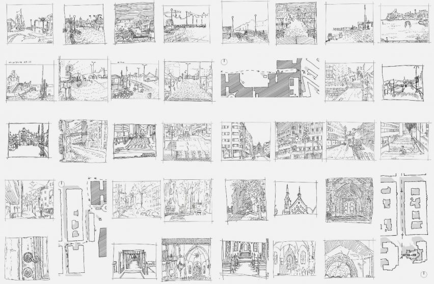 line illustrations of buildings in black and white