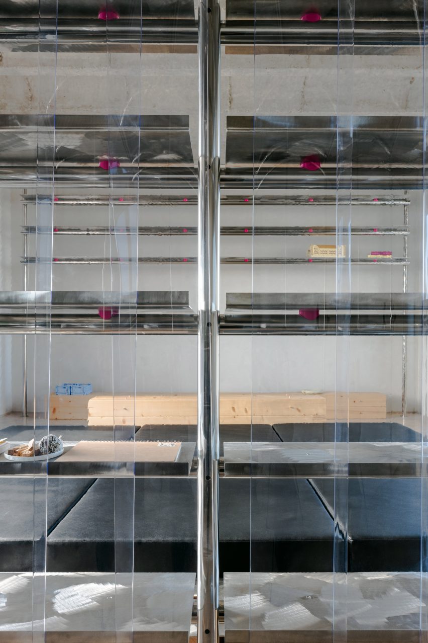 Close up of storage area seen through plastic curtains