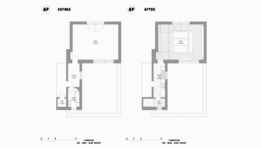 Floor plans showing the space before and after renovation