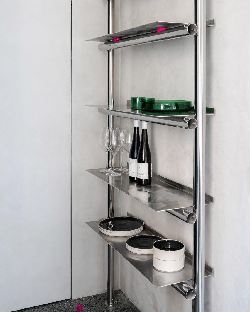 Close up of steel kitchen shelving