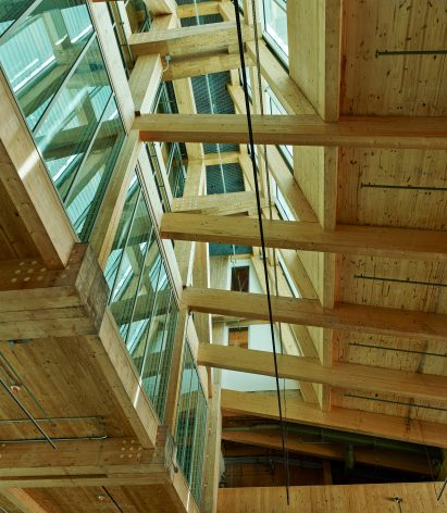 Atrium in a mass-timber building by Grafton Architects