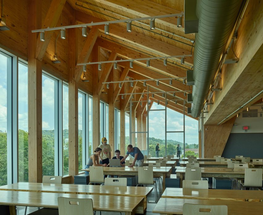 Classrooms in a mass-timber university building by Grafton Architects
