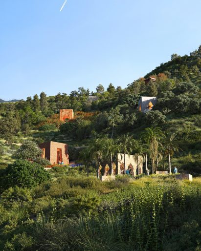 Rendered view towards pavilions at Faith Park