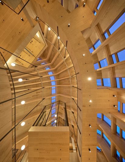 Wooden atrium with suspended walkways