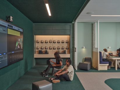 Classroom with a presentation area for students to participate in video conferencing with remote teachers