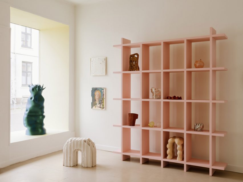 Pink shelving in D142 concept store and galery in Oslo