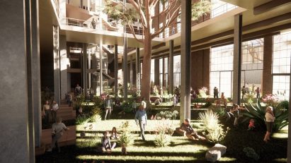 a visualisation of a community space in tones of beige and green