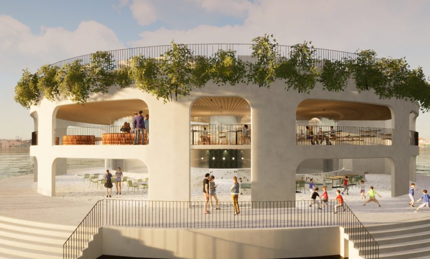 a visualisation of a hospitality centre in tones of beige and green