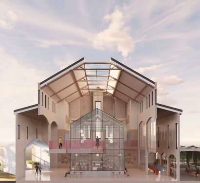 a visualisation of a building in tones of beige