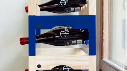 Wine racks in blue and wood