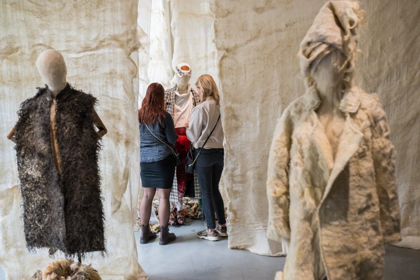 Photo of unusual wool garments within the Wool Re(discovered) exhibition at Dutch Design Week 2025