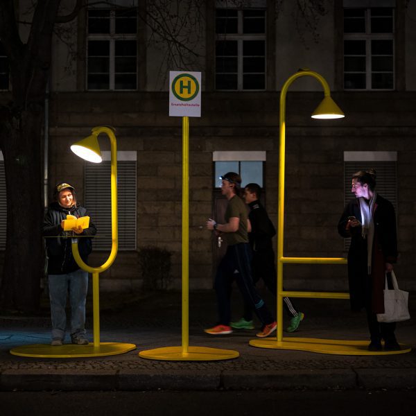 Photo of three versions of the Waiting for the Bus street furniture by Luca Ortmann