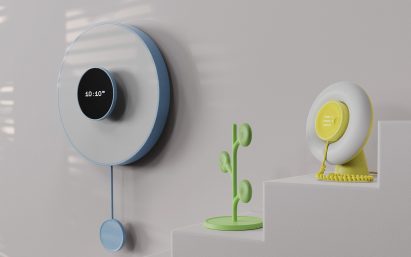 a photograph of a series of household objects in tones of white, blue, green and yellow