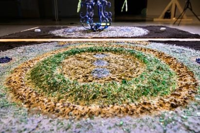 a photograph of an installation in tones of yellow and green