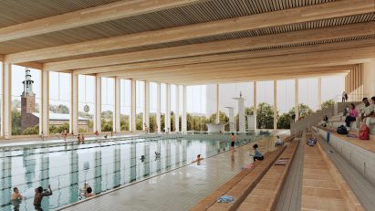 Swimming pool with wooden ceiling