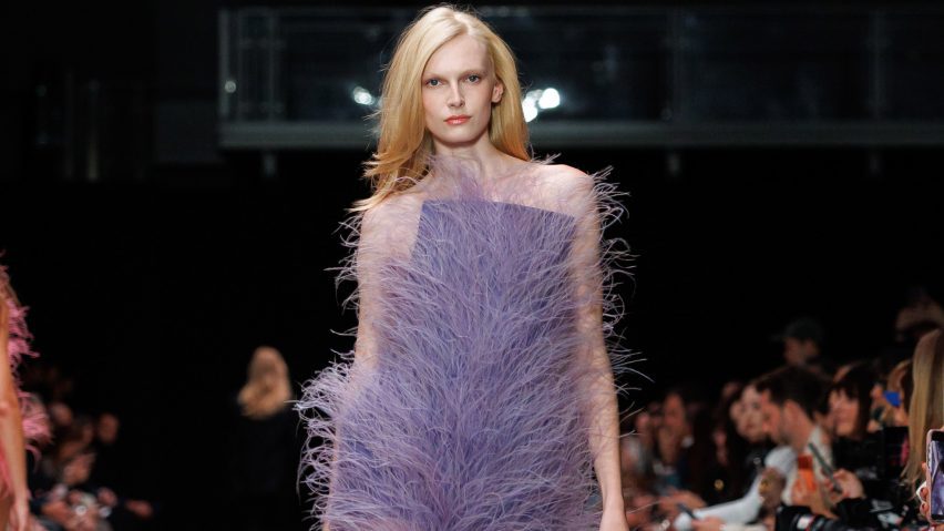 Plant-based Fevvers feathers on a dress in the Stella McCartney Spring/Summer26 show at Paris Fashion Week