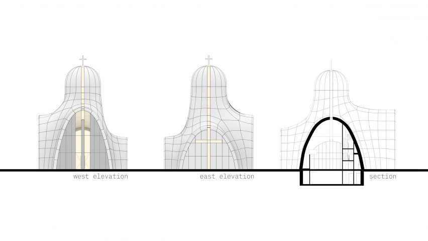 Section and elevations of Holy Trinity Church by Aranchii Architects