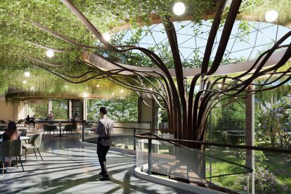 a visualisation of a restaurant with a nature-integrated design
