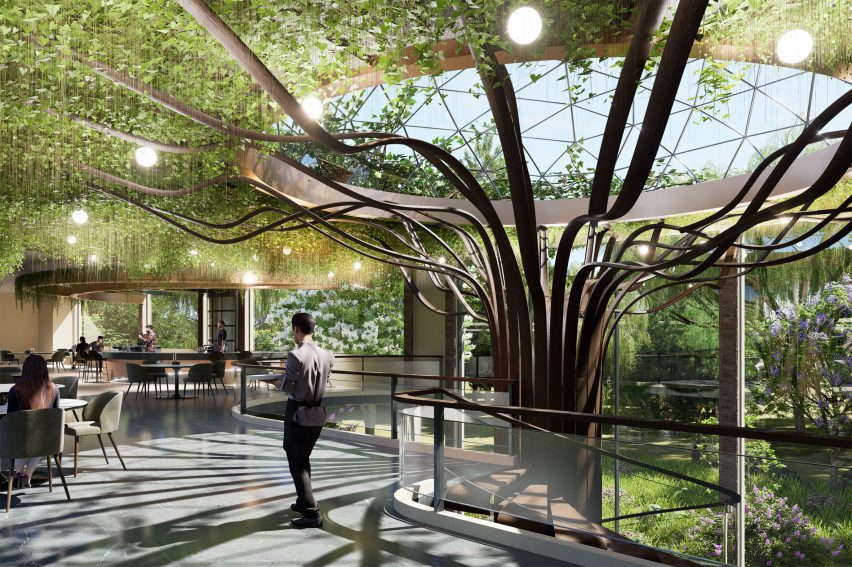 a visualisation of a restaurant with a nature-integrated design
