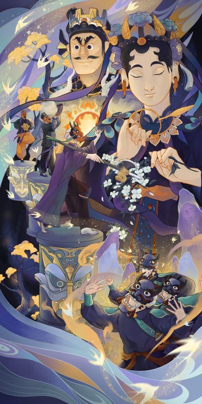 an illustration in tones of purple, yellow, blue and black