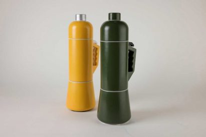 a photograph of two water bottles, in tones of yellow and green