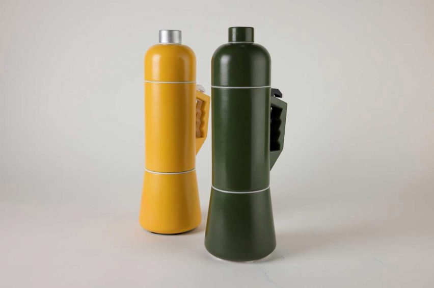a photograph of two water bottles, in tones of yellow and green