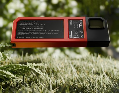 a device in tones of red and black that records species around it in natural environments