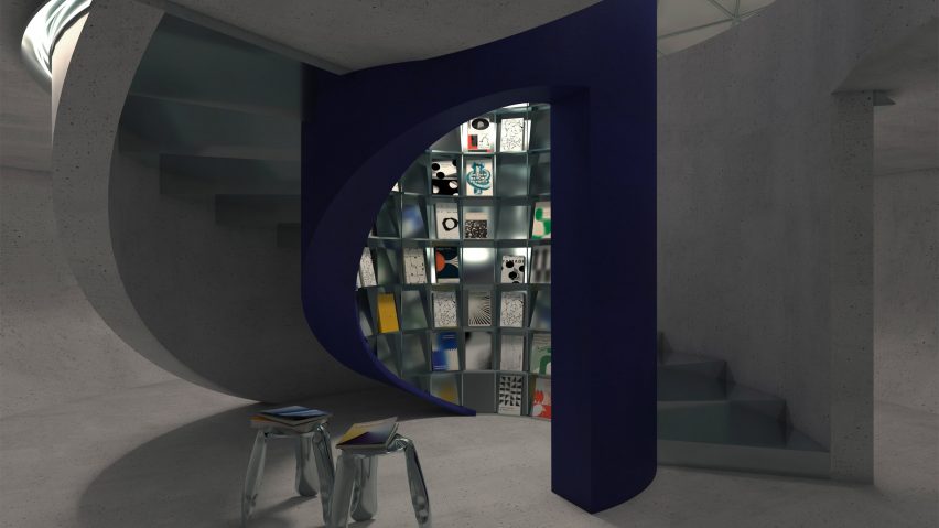 an image of student work, a visualisation of a space in tones of grey and blue