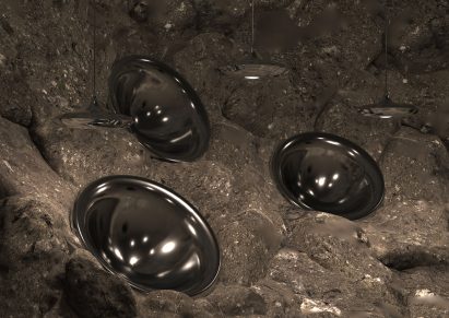an image of a student project envisioning life on the moon, in tones of grey and silver
