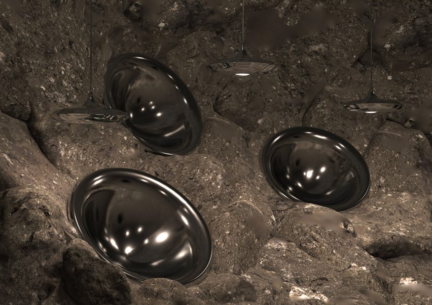 an image of a student project envisioning life on the moon, in tones of grey and silver
