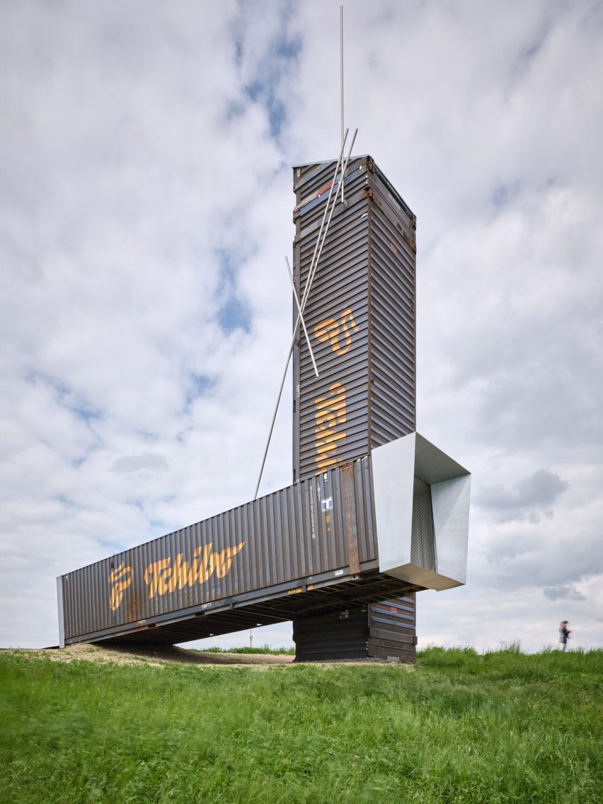 Lookout Above Litomyšl viewing tower made from shipping containers by Atelier-r
