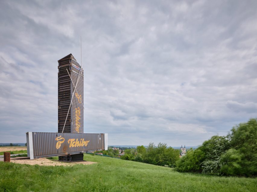 Lookout Above Litomyšl viewing tower made from shipping containers by Atelier-r