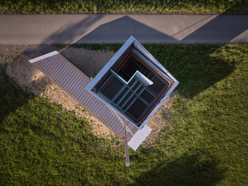 Lookout Above Litomyšl viewing tower made from shipping containers by Atelier-r