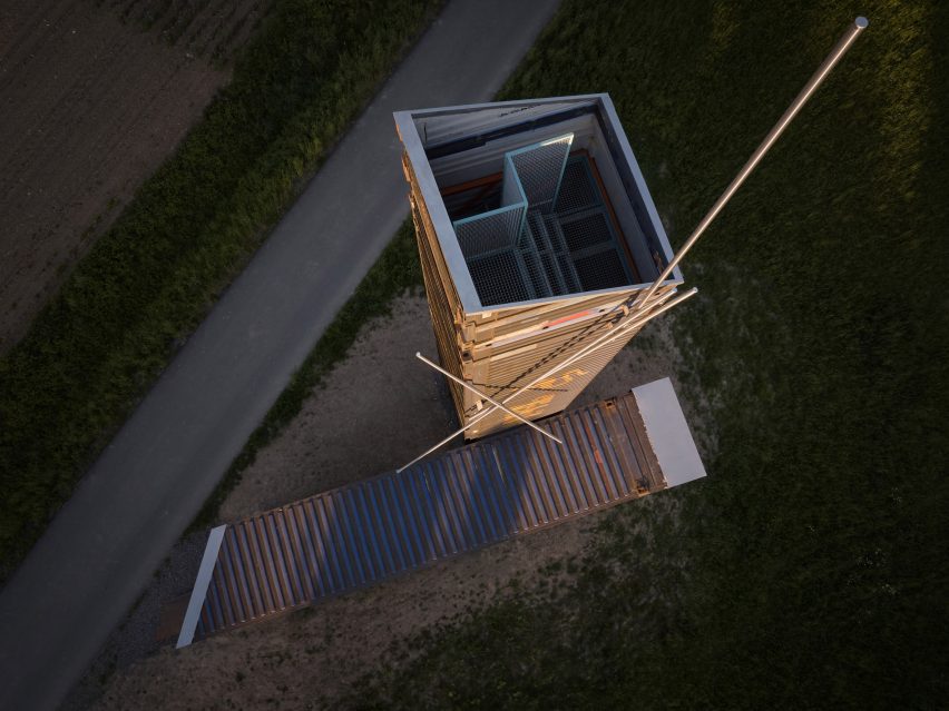 Lookout Above Litomyšl viewing tower made from shipping containers by Atelier-r