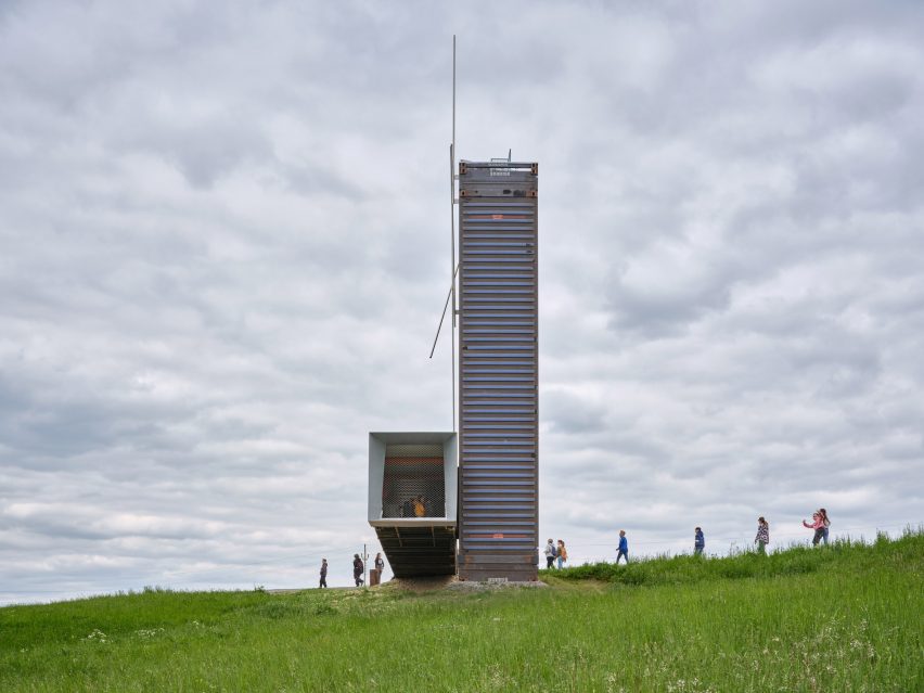 Lookout Above Litomyšl viewing tower made from shipping containers by Atelier-r
