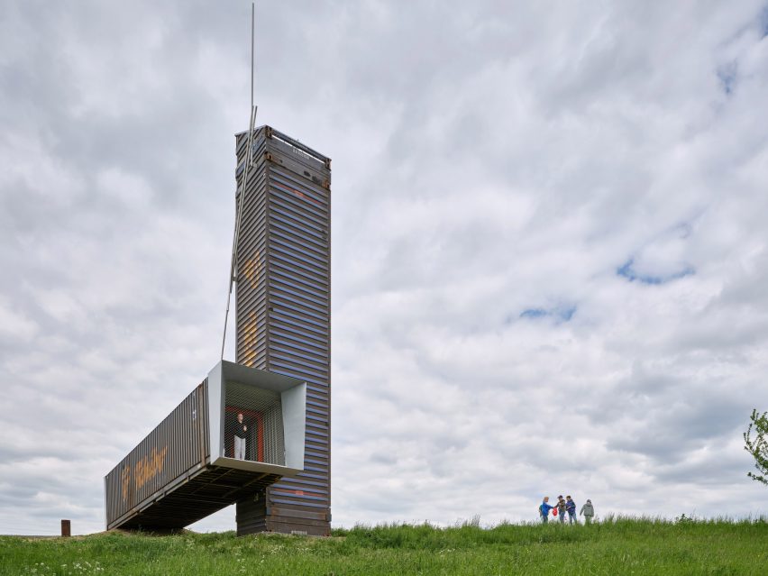 Lookout Above Litomyšl viewing tower made from shipping containers by Atelier-r