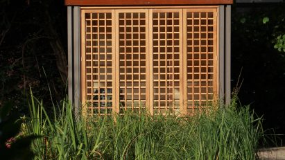 Sauna with a gridded front