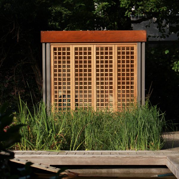 Sauna with a gridded front