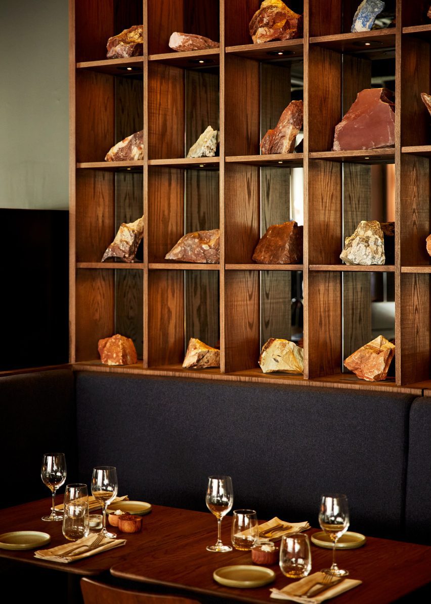 Combarbalita rocks in Mareida, a Chilean restaurant in London designed by DAW