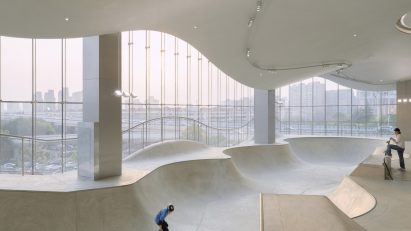 Indoor skatepark with glass walls
