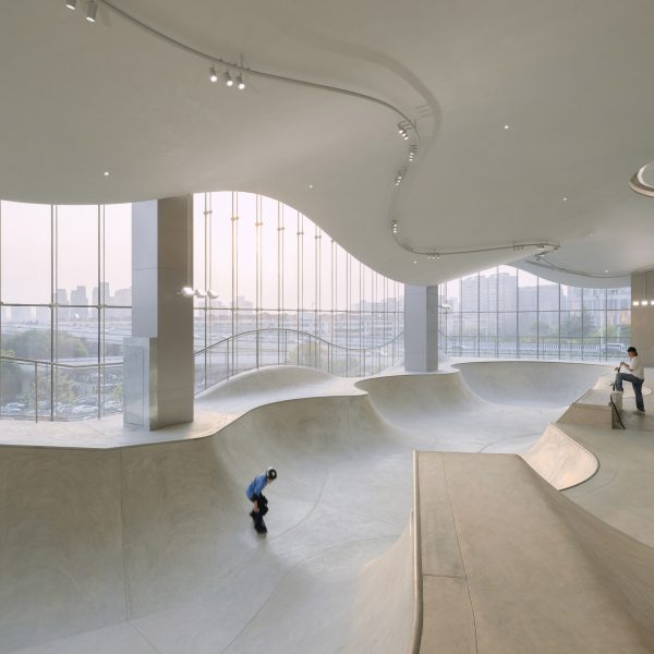 Indoor skatepark with glass walls